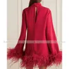 Evening Party Dress Mini Red Feather Long Sleeves Luxury Womens Cocktail Gowns Short A Line High Collar Cut Out Sexy Party Gown 240320