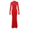 Casual Dresses Backless Maxi Dress Elegant Red Long Sleeve Sexig Ruched Bodyocn Evening Party for Women 2024 Spring Slim Y2k Streetwear