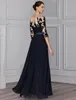 Elegant Long Navy Blue Chiffon Jumpsuit Mother of the Bride Dresses A-Line Lace Shear Neck Pantsuit Godmother Dresses Formal Party Gown Floor Length Women Dresses