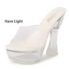 Chaussures de robe Clignotant Clair PVC Femme Pantoufles Été Transparent Talons Hauts 14CM Club Sandale Extérieure Plate-Forme De Cristal Lumineux H2403254