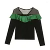 T-shirt da donna Camicia a rete con volant patchwork sexy 2024 Top donna a maniche lunghe con scollo a V moda primavera