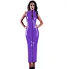 Vestidos casuais sem mangas mulheres bodycon vestido slim frontal zíper vinil brilhante pvc longo para clubwear vestido de gola alta