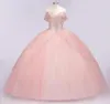 100 echte Bilder, luxuriöses Baby-Rosa-Spitze-Applikationen-Ballkleid, Quinceanera-Kleider, elegantes schulterfreies Abendkleid, formales Par6145840