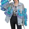 Hot Sale Trend New Products Lace Patchwork Ladies Denim Jacket Beaded Diamond Womens Coats and Jackets