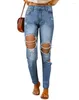 Женские джинсы 2024, весенняя мода, карманный дизайн, рваные вырезы с высокой талией, повседневная однотонная обтягивающая повседневная длинная уличная одежда Y2K