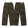 Calças femininas leopardo impressão jeans unissex calças hop com perna larga estilo streetwear macio para jovens na moda