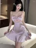 Casual Dresses Mini Fairy Dress Sweet Tops Fantasy Ice Silk Female Girl Spicy Bow Tie Sling Elegant S384