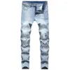 Jeans para hombres Azul Elegante Rodilla Rasgada Slim Fit Pantalón desgastado Stock Tallas grandes Ropa de mezclilla para hombres