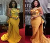 Élégant africain nigérian sirène robes de soirée mode or longue formelle grande taille robes de bal 2020 avec perlé satin train Cele9041565