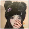 Beanie/Kafatası Kapakları Y2K Japon Harajuku Kawaii Siyah Beyaz Tavşan Sahte Kürk Kafatası Kedi Kulakları Şapkalar Kadın Kış Kış Sıcak Kuzu Swool Sevimli Beanie Caps