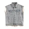 Men's Vests 2024 Ripped Hole Hip Hop Punk Denim Vest Washed Moustache Effect Distress Vintage Sleeveless Jean Jacket