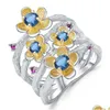 Cluster Ringe Edelsteine Ballett 925 Sterling Silber Handgemachter Schmuck 0,96 ct Natürlicher Londoner Blauer Topas Ring Pfirsichblütenblume für Tropfen Deli Dhvrk