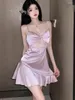 Casual Dresses Mesh Purple Mini Dress Spets Sexig för kvinnor High Summer Ice Hollow Out With Elegant Sweet Korean S054