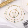 Halskette Ohrringe Set 4 Stück Edelstahl Mehrschichtige Kette Blue Eye Evil Anhänger Charm Armband Für Frauen Ringe Trend