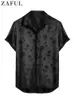Satin-Hemden für Herren, Jacquard-Rose bedruckt, seidiges Kurzarm-Hemd, Sommer-Streetwear-Knopf-Blusen-Tops Z5022014 240227