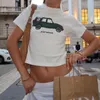 女性用TシャツY2Kトップヴィンテージ夏のかわいい車/フラワーバタフライプリント半袖ラウンドネックTシャツ美学服