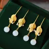 Dangle Earrings S925 Sterling Silver Leaf Vintage Court Natural Hetian Jade Round Beads Twig Simple Fashion Accessories Women