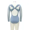 Stage Wear Lussuoso nylon spandex body danza costume da balletto con cinture pieghettate incrociate sul retro per adulti ragazze adolescenti di sesso femminile