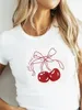 T-shirt da donna 2024 Estate Ombelico esposto Tinta unita Top Slim Fit Carino girocollo Fiocco Stampa ciliegia T-shirt a maniche corte