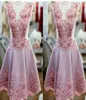 Romantic Blush Pink Sheer Neck Homecoming Prom Dress Short Cap Short sleeve Beaded Lace Applique Cheap Party Graduation Cocktail D5207823