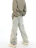 Dżinsy męskie vintage High Street workowca pentagram spliced ​​hairy hem men amerykański hip-hopowy streetwear proste drapey szeroko nogowe spodnie