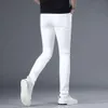 High End White Embroidered Jeans Men with Slim Fit and Small Feet, New Trendy Elastic Men's Pants for Summer 2024, Thin