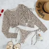 Roupa de banho feminina moda leopardo impressão rendas maiô sexy biquíni conjunto de três peças com almofada no peito banhista natação senhora