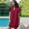 Abiti casual Abito tinta unita Elegante colletto rialzato Volant estivo con pieghe morbide Scollo a V Elegante sopra per le donne Qualsiasi