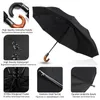 Umbrellas Wind Resistant Large Automatic Umbrella Rain Women Leather Wood Handle Business British Style Men's Gift 3Fold