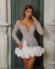 Sexy V Neck Short cocktail Dresses Beading pearls long sleeves short prom Evening Dresses crystal covered Ruffle Mini Party Gowns