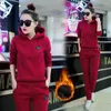 Calças femininas de duas peças coreano com capuz moletom tracksuit mais veludo jogging calça terno mulheres roupa outono inverno conjunto femme quente casual