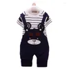 Clothing Sets Set Boy Girl Summer Stripe Short Sleeve Round Neck T-Shirt Cartoon Bear Strap Pants 0-3 Year Old Fashion Kids Garments