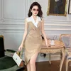 Casual Dresses Summer Women Midi Dress Commute Professional Elegant Khaki V-neck Sleeveless Asymmetrical Slit Outfit Office Street Vestido