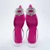 Zapatos de vestir Sandalias de una línea Correa trasera femenina Boca poco profunda Rhinestone Negro Rosa Rojo Punta puntiaguda Sandalia Zapatillas de tacón delgado