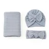 Couvertures 3pcs Born Couverture Set Coton Doux Bébé Swaddle Wrap Turban Bandeau Solide Couleur Mousseline Swaddles Noeud Chapeau Chapeau Chapeaux