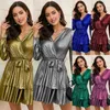 Abiti casual Glitter metallizzati Manica lunga Party Club Abbigliamento donna Scollo a V Volant senza schienale Celebrity Mini abito a trapezio Eleganza