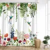 Rideaux de douche Verdure Rideau Printemps Fleur Botanique Ferme Papillon Colibri Aquarelle Moderne Polyester Salle De Bain Décor avec Crochets