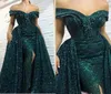 TEAL Green Mermaid Prom Dresses Sexig Off Axel Sequined Overskirts Golvlängd Holidais Partyklänningar Plus Size Custom Made8636534