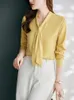 Blusas femininas moda coreana roupas femininas camisa sólida cetim drapeado arco pescoço manga longa amarelo elegante luxo feminino senhora topo 2024