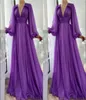 Simple Elegant Purple Chiffon ALine Prom Dresses Long Puff Sleeves V Neck Draped Empire Floor Length Formal Evening Dress Party G7187466
