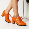 Pumps 2023 Spring Patent PU Leather Oranje groene kant -up kantoor Working Woman Shoes Dik High Heeled Derby Oxfords Pumps Heel Woman
