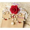 Charm Bracelets Womens Sexy Handmade Red Flower Rose White Lace Faux Pearl Drop Arm Band Armband Armlet Bracelet Bridal Dance Wedding