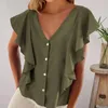Kvinnors blusar Single Breasted Shirt Stylish V-Neck Ruffle Sleeve Loose Fit Streetwear Tops For Summer Dressy Casual Fashion