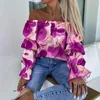 Kvinnors blusar mode mönster tryck ruffle shirt casual lantern långärmad jumper topp sexig off-the-shoulder franska lös blusa