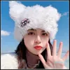 Beanie/Kafatası Kapakları Y2K Japon Harajuku Kawaii Siyah Beyaz Tavşan Sahte Kürk Kafatası Kedi Kulakları Şapkalar Kadın Kış Kış Sıcak Kuzu Swool Sevimli Beanie Caps