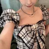 Blouses Femmes Femmes Tendance Vintage Plaid Imprimer Bow Sexy Crop Tops 2024 Été Doux Chic Slim Chemises Casual Col Carré À Manches Courtes