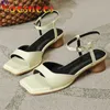 Tofflor College Style Summer French Square Toe One Word Women Shoes Buckle Strap High Heel Sandals Peep Solid Roman Mid H24032501