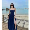 Lässige Kleider Sommer rückenfrei Strand langes Kleid für Frauen Mode ärmellos trägerlos blau kariert Vintage Elegant Sexy Club Party