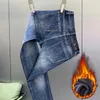 Jeans voor heren 2024 Fleece Normaal Rechte pijpen Slim Stretch Wash Retro High-End Casual Alles-in-één Blauwe Dikke Denim Broek