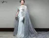 Lebanon Blue Gray Evening Dress Lace Floor Length Cape Clock Appliques Beaded Prom Formal Maxi Gowns Vestido de festa Women Party 7730954